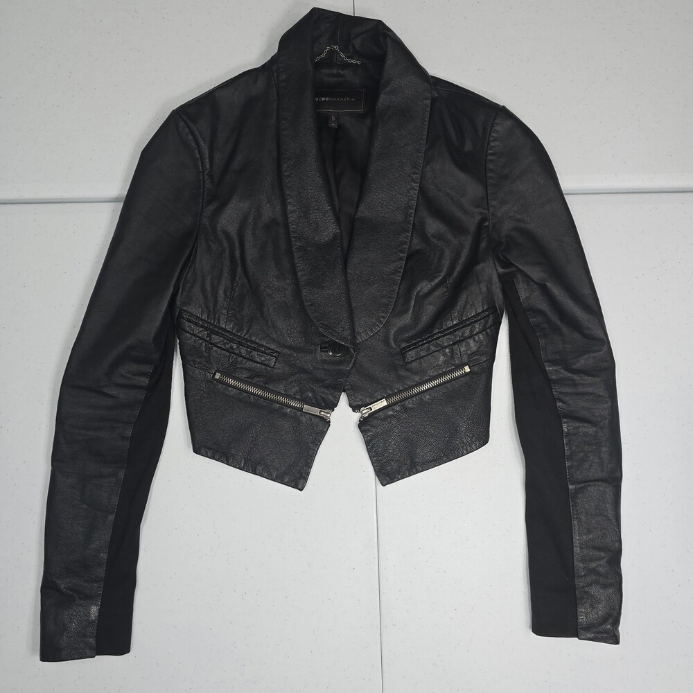 BCBG Max Azira Women XS Black Shawl Lapel Cropped Leather Jacket BCBGMAXAZRIA